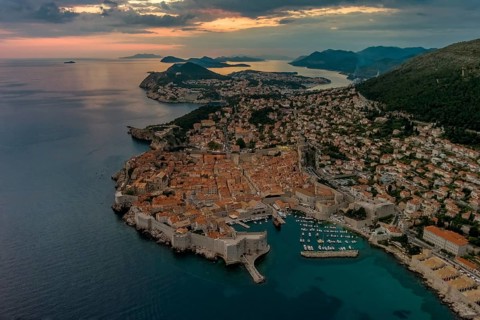 Aerial view of Dubrovnik after sunset, city in southern Croatia coast of Adriatic Sea