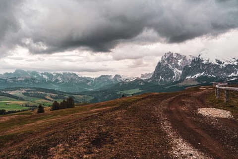 Panoramic view of the Langkofel Group from Seiser Alm in the Dolomites in South Tyrol, Italy