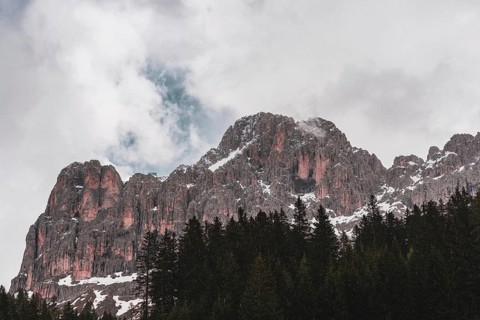 Panoramic view of the Rosengarten group mountain massif in the Dolomites in South Tyrol, Italy