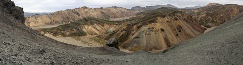 Rhyolite mountains, lava scree, panoramic view, Landmannalaugar, Fjallabak nature reserve,
