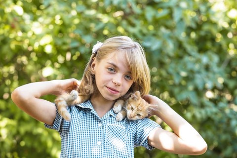 Girl play with kitten outdoor in the park