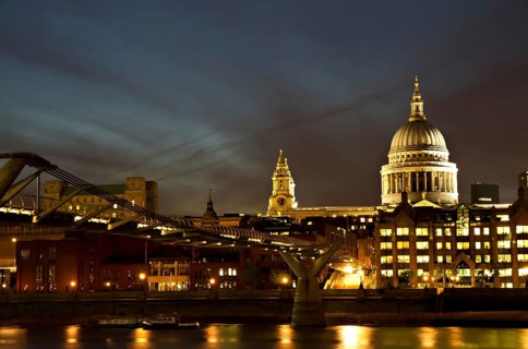 Cityscape of London at Night with St Paul's Cathedral and Millenium Bridge London, England, Great