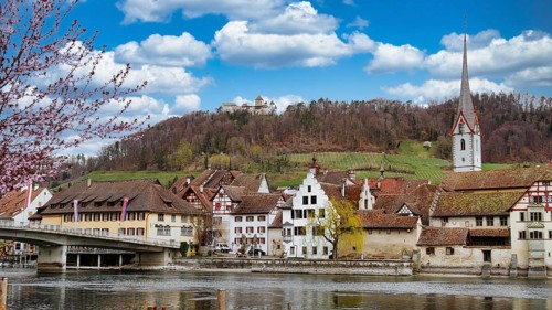 View of the old town of Stein am Rhein and Hohenklingen Castle
