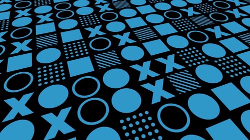Repeating pattern of black and blue geometric shapes with circle, square and X abstract background
