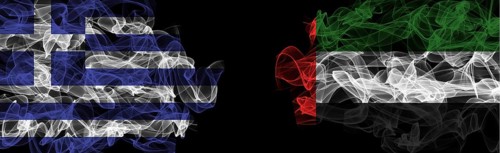 Flags of Greece and UAE on Black background, Greece vs United Arab Emirates Smoke Flags