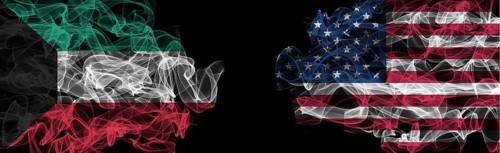 Flags of Kuwait and USA on Black background, Kuwait vs USA Smoke Flags