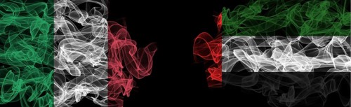 Flags of Italy and UAE on Black background, Italy vs United Arab Emirates Smoke Flags
