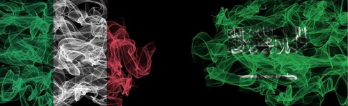 Flags of Italy and Saudi Arabia on Black background, Italy vs Saudi Arabia Smoke Flags