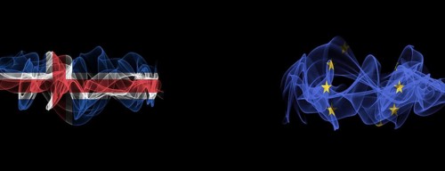 Flags of Iceland and the EU on a black background, Iceland vs. European Union Smoke Flags