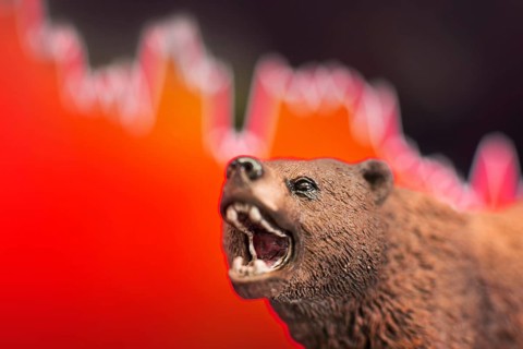 Stock crash with red chart drop in background and bear in front. Bear market trend concept