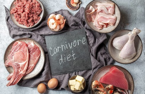 Food, Selection food for CARNIVORE DIET. Seafood, Meat, megs and fat. Zero carbs diet concept