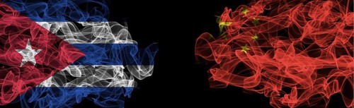 Flags of Cuba and China on Black background, Cuba vs China Smoke Flags