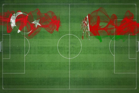 Turkey vs Belarus Soccer Match, national colors, national flags, soccer field, football game,