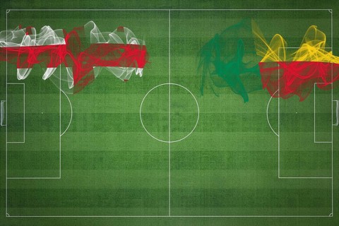 Georgia vs Benin Soccer Match, national colors, national flags, soccer field, football game,