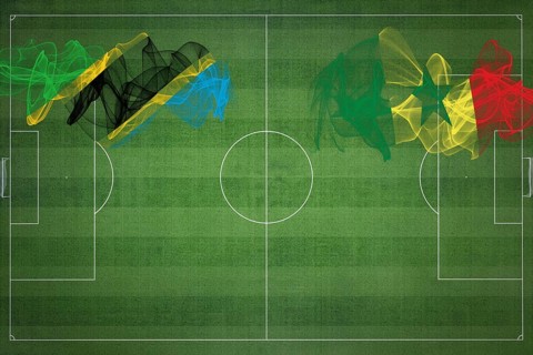 Tanzania vs Senegal Soccer Match, national colors, national flags, soccer field, football game,