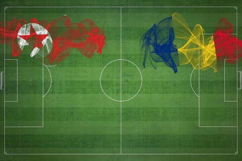 North Korea vs Romania Soccer Match, national colors, national flags, soccer field, football game,
