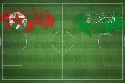 North Korea vs Saudi Arabia Soccer Match, national colors, national flags, soccer field, football