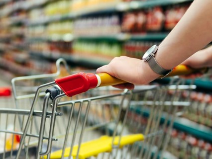 Shopping cart in supermarket. Woman hands hold shopping trolley in supermarket aisle