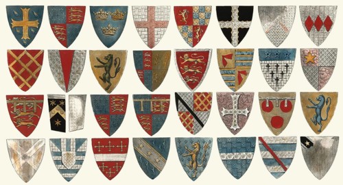Armorial Bearings, coats of arms from St Stephen's Chapel, old Palace of Westminster, London,