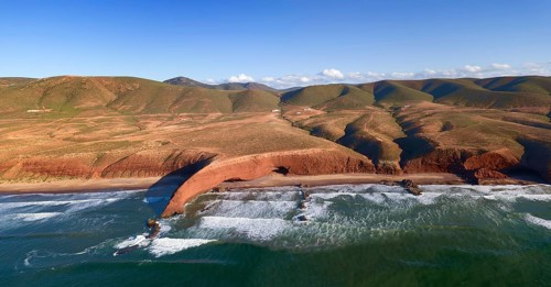 Aerial view on Legzira beach with arched rocks on the Atlantic coast in Morocco