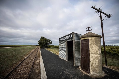 The iconic rural train station for Coonawarra wine region on a stormy autumn morning near Penola,