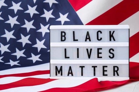 American flag. Lightbox with text BLACK LIVES MATTER Flag of the united states of America. July 4th