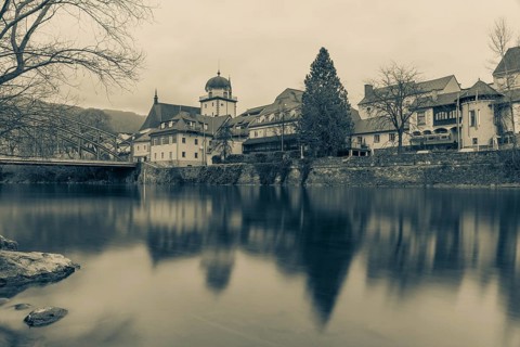 Schwammerlturm, old town centre on the river Mur, long exposure, Leoben, Styria, Austria