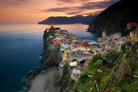 View of Vernazza at sunset in Cinque Terre, Italy