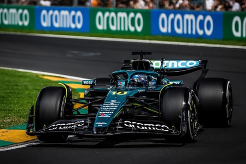 Lance Stroll of Canada drives the Aston Martin Aramco F1 Team AMR25 during third practice in the