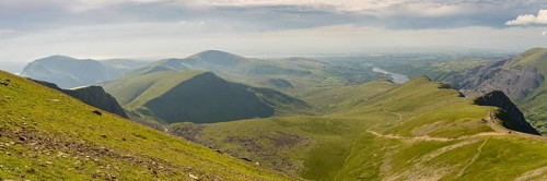 Walking down from Mount Snowdon on the Llanberis Path, Snowdonia, Gwynedd, Wales, UK, looking north