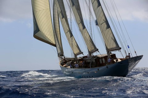 90-year-old sailing yacht Three-masted topsail schooner XARIFA sails during Monaco Classic Week.