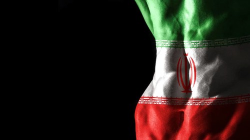 Iran flag on abs muscles national sport workout, bodybuilding concept, black background