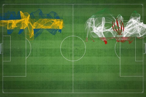 Sweden vs Iran Soccer Match, national colors, national flags, soccer field, football game,