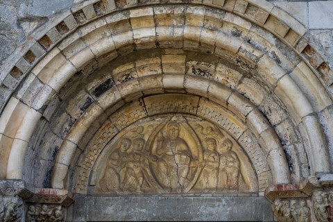 Tympanum with effigy of Christ in Majesty in his mandorla and the four evangelists, basilica