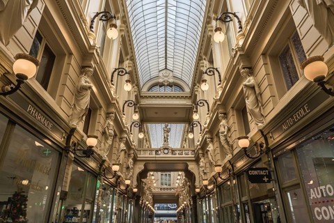 Brussels, Belgium, 12 18 2018: The decorated art and shopping mall called Passage du Nord in