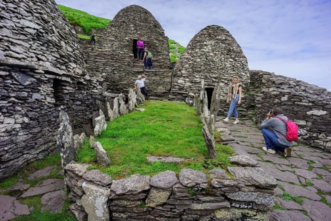 Clochans, stone cells. monastery at the top, Skellig Michael island, Mainistir Fhionáin (St.