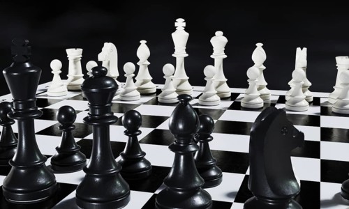 Black and white chess pieces on a chessboard background. Sport and leisure activity concept. 3D