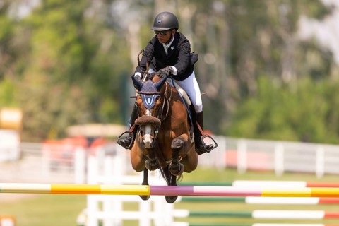 Sameh el Dahan of Great Britain, riding WKD Toronto, compete in the 1.60m Grand Prix during The