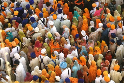 Sikh devotees taking part procession Sachkhand Saheb Gurudwara Consecration perpetual Guru Granth