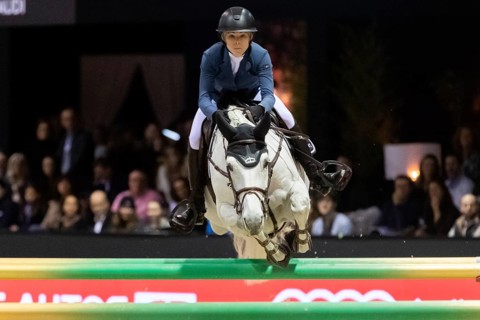 Zascha Nygaard Lill of Denmark competes in the equestrian Audi Grand Prix at Jumping International