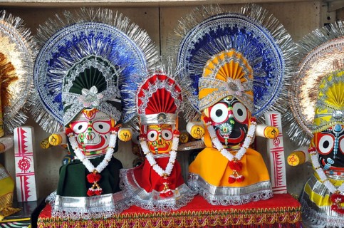 Statues of lord Jaganath, Subhadra, and Balabhadra, at Puri, Orissa, India