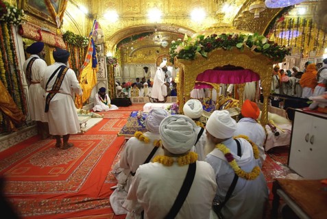 Sikh clerics sitting, celebrations consecration of perpetual Guru Granth Sahib Sikh, Sachkhand