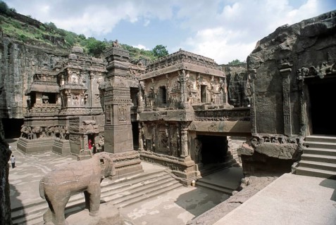 Cave no.16 Stone carved Deities of facade, Kailash temple layne, Ellora Caves, Aurangabad,
