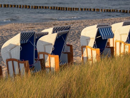 Row of beach chairs stands on the sandy beach overlooking the sea on a summer's day, zingst,