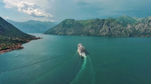 Aerial view of cruise ship in the Bay of Kotor, Montenegro