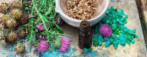 Mineral perfume salt and other ingredients for Spa treatments.Photo tinted