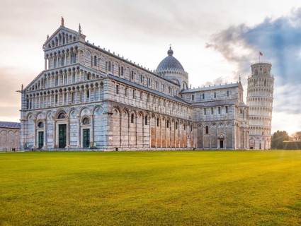 Pisa, Italy, 29 June 2023: cathedral sightseeing, travel destination, sunrise light, famous