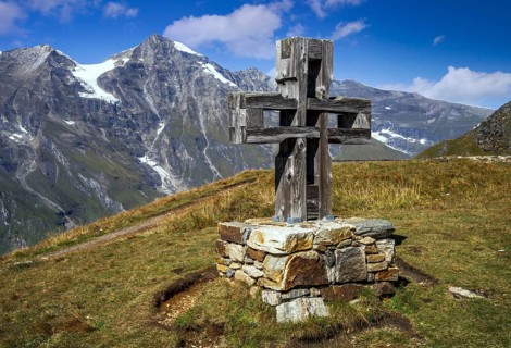 Summit cross at the Grossglockner hig alpine road in the High Tauern mountains