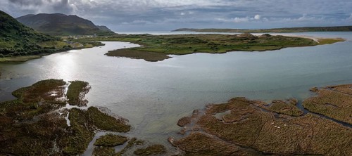 A panorama drone landscape view of Loughros Beg Bay and Maghera Beach near Ardara in Country