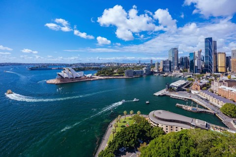 SYDNEY, AUSTRALIA, MARCH 4 2023: The Sydney CBD and surrounding harbour, including Circular Quay